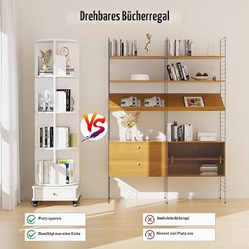 Rotating Bookcase Standing Shelf 360° Freely Rotatable Bookcase Living Room Bedroom 4-Layer Book Shelf with Fabric Drawer and Wheels Bookcase White 40 x 40 x 147 cm