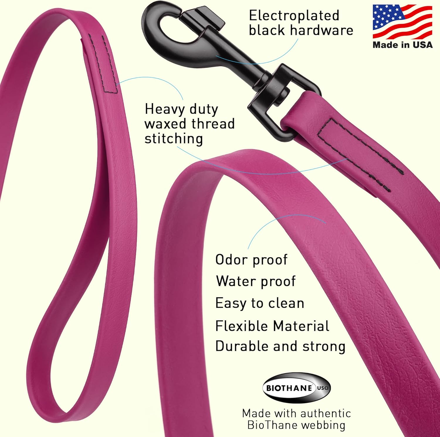 Dogline Biothane Waterproof Dog Leash Strong Coated Nylon Webbing with Black Hardware Odor-Proof Easy to Clean High Performance for Small or Large Dogs Made in USA 4 or 6 ft Lead, Magenta Pink