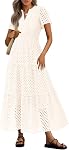 PRETTYGARDEN 2026 Robe Maxi d'été Manche courte V Col Hollow Out Eyelet Une ligne longue flowy robes de vacances plage pour femme