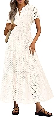 PRETTYGARDEN Womens 2026 Summer Maxi Dress Short Sleeve V Neck Hollow Out Eyelet A Line Long Flowy Beach Vacation Dresses
