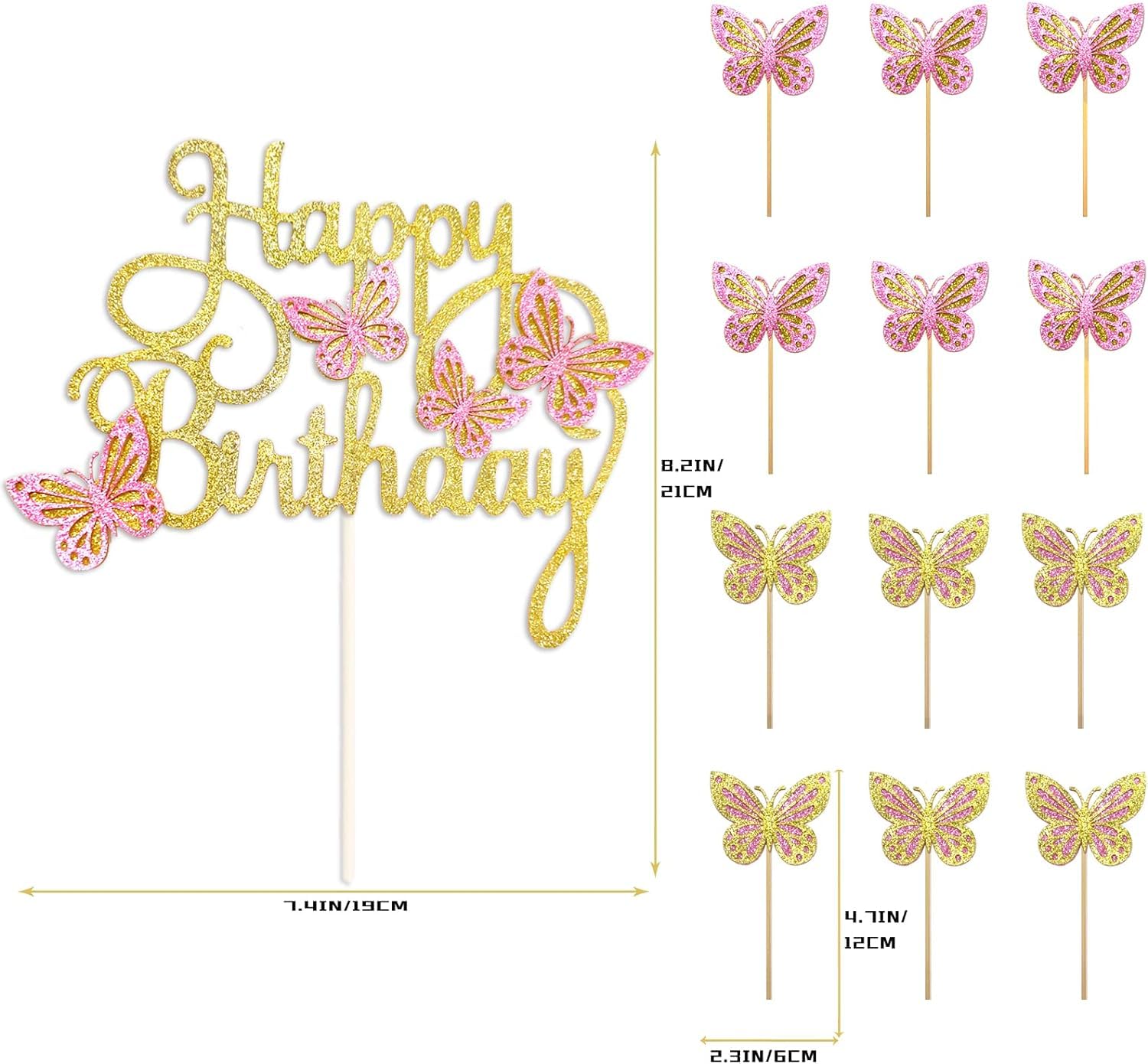 Decoration Gateau, 3D Papillon Rose Doré Cake Topper Happy Birthday Deco Cupcake De Papillon, 13 Pièces Decoration Gateau Anniversaire Fille Pour Anniversaire Fête, Mariage, Fête De Thème
