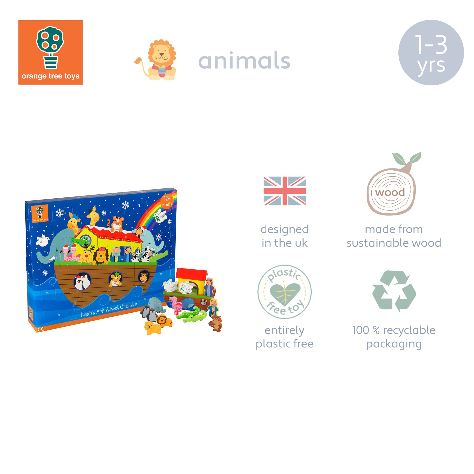 Orange Tree Toys Calendario dell'Avvento in legno con figure di animali,conto alla rovescia per Natale, set da gioco con animali per bambini e bambini, giocattoli in legno, giocattoli di Natale, Multi