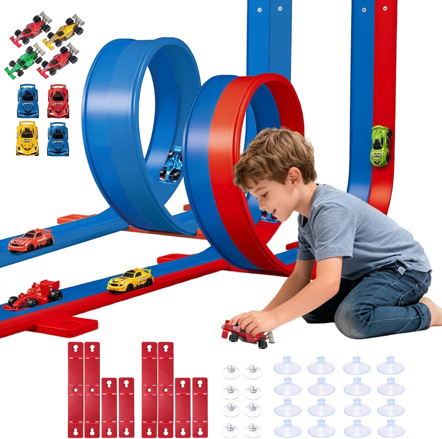 2-Pack Flexible Race Track Set for Kids, 16.4Ft Bendable Racetrack with Suction Cups,Compatible with Hot Wheels/Matchbox 1/64th Cars,Portable Track Toy Gift for Boys Girls Ages 3+(Blue & Red)