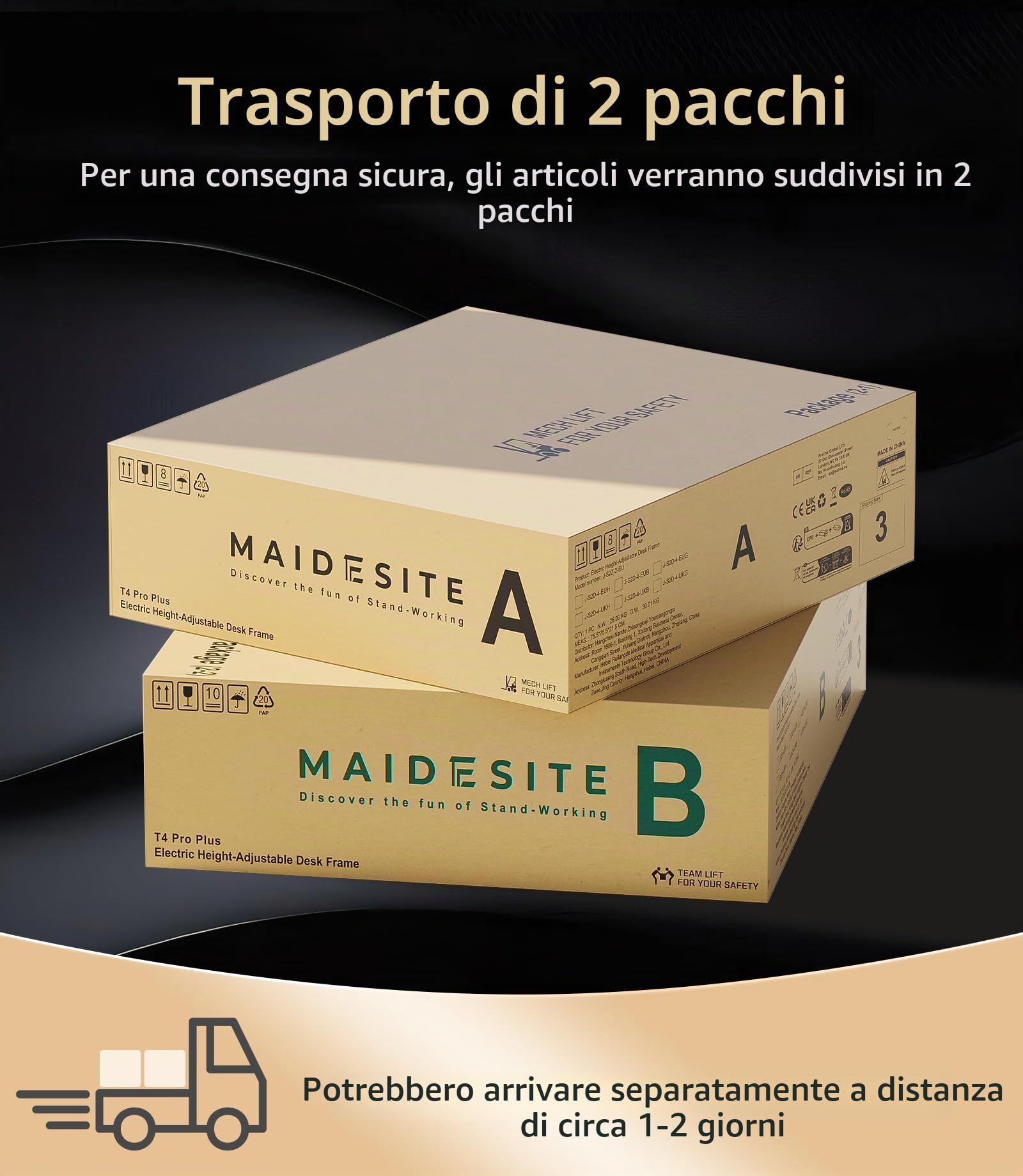 MAIDeSITe T4 scrivania regolabile in altezza - Fino a 200 kg di carico, regolazione elettrica con 2 motori, stabilità superiore e design unico a 4 gambe ellittiche