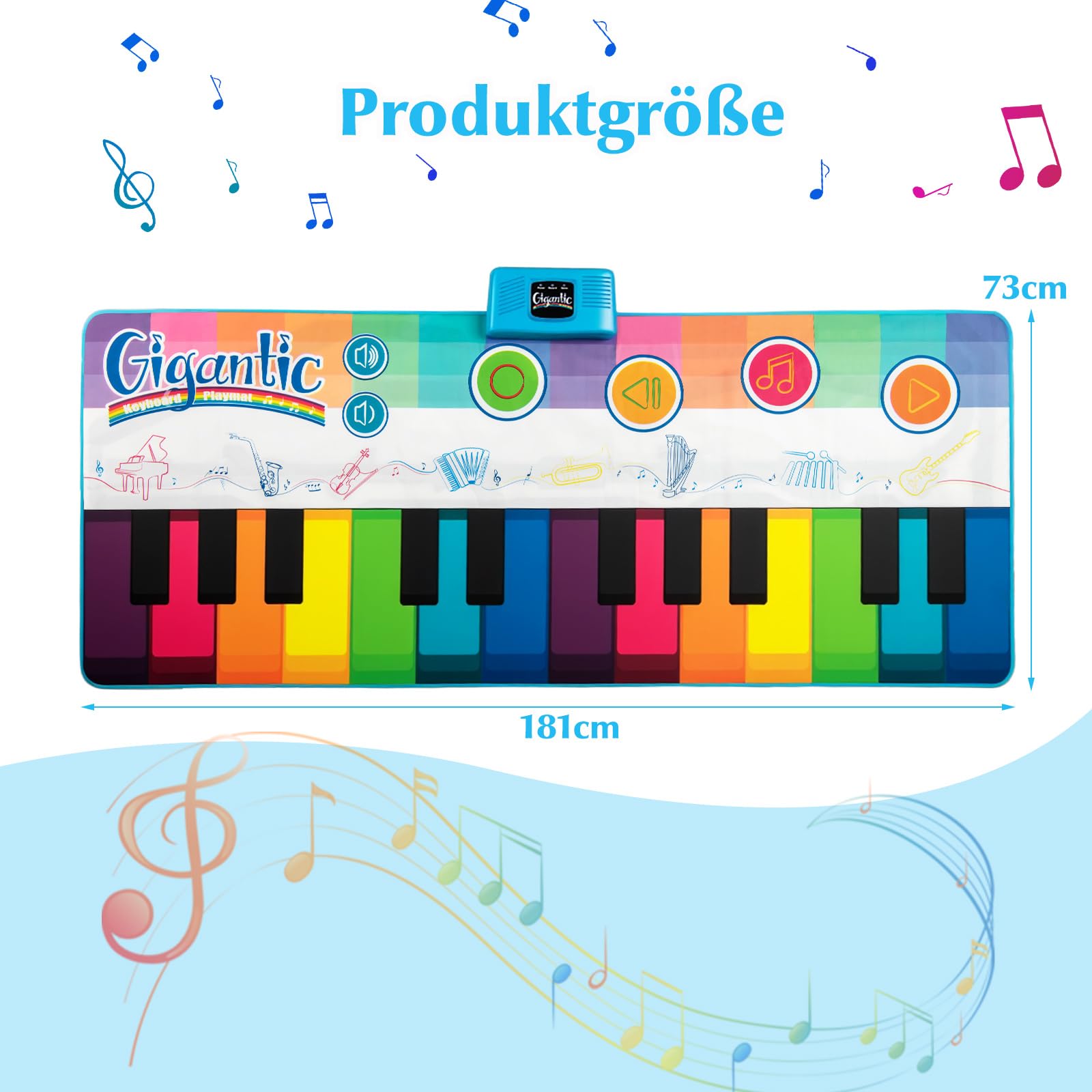 COSTWAY Musikmatte Kinder, Klaviermatte mit 8 Musikinstrumente, Keyboard Tanzmatte mit Aufnahme & Wiedergabefunktion, Spielzeug Geschenk für Kleinkinder Jungen Mädchen ab 1 Jahr (181 x 73 cm)