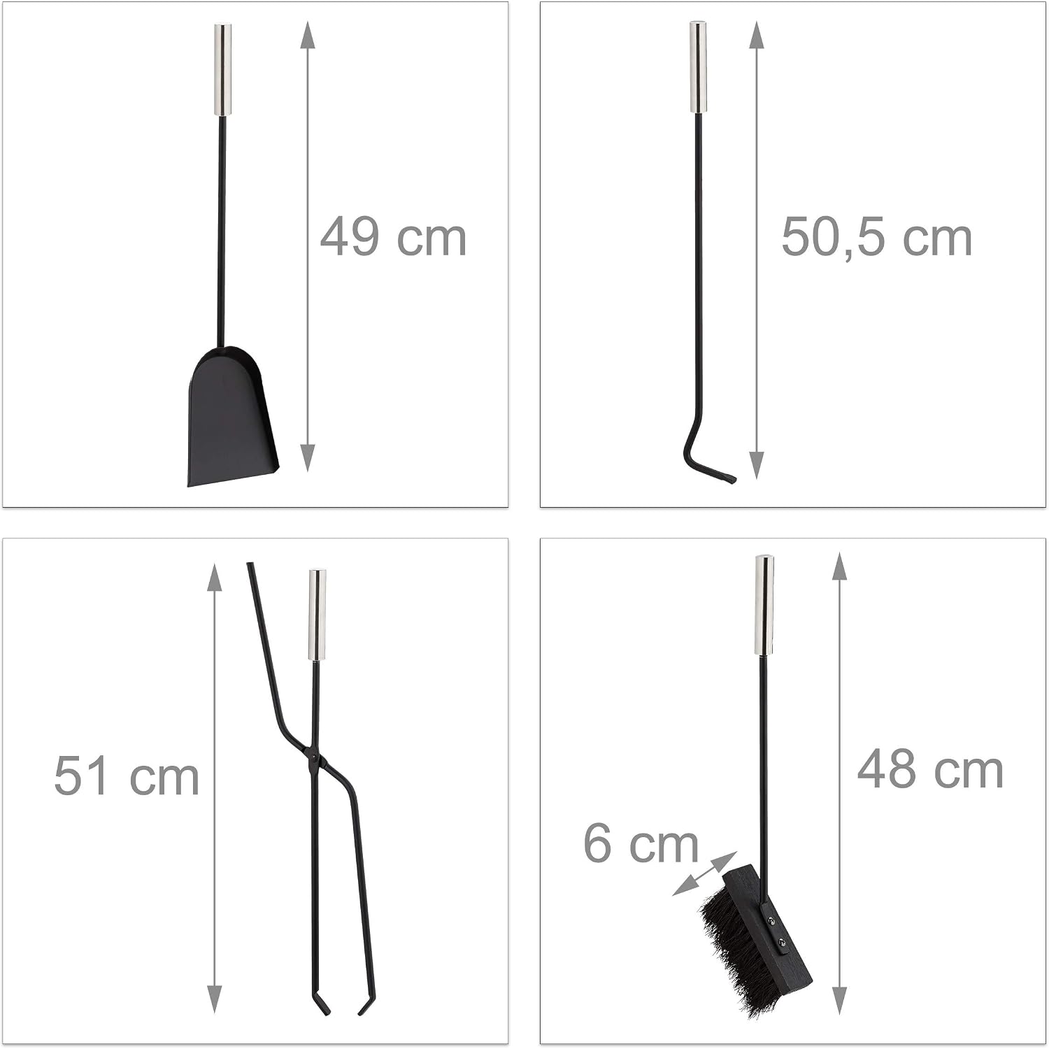 Relaxdays 5-Piece Fireplace Companion Tool Set with Shovel, Broom, Poker, Tongs & Holder, Modern Design, Black, Stainless Steel, 1 Pack