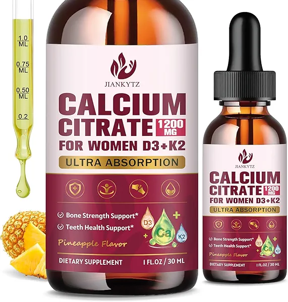 (2 Pack) Calcium Citrate with Vitamin D3 Liquid Drops for Women, 1200mg Ultimate Absorption Calcium Citrate Liquid Drops with Vitamin D3 K2 for Bones, Teeth Support, Vegan, Sugar-Free, 1 Fl Oz
