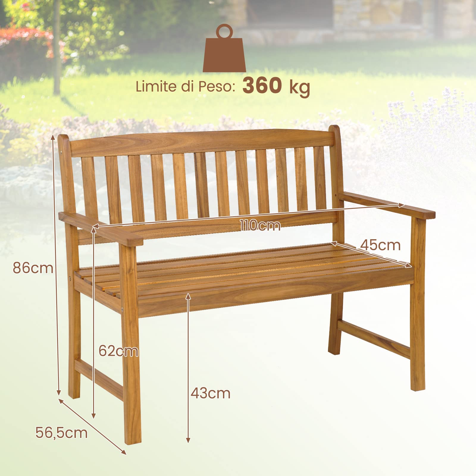 COSTWAY Panchina da Esterno in Legno di Acacia, Panchina con Schienale, Braccioli e Sedile a Doghe, Panchina da Giardino, Balcone e Cortile, Portata 360 kg (110 x 56,5 x 86 cm)