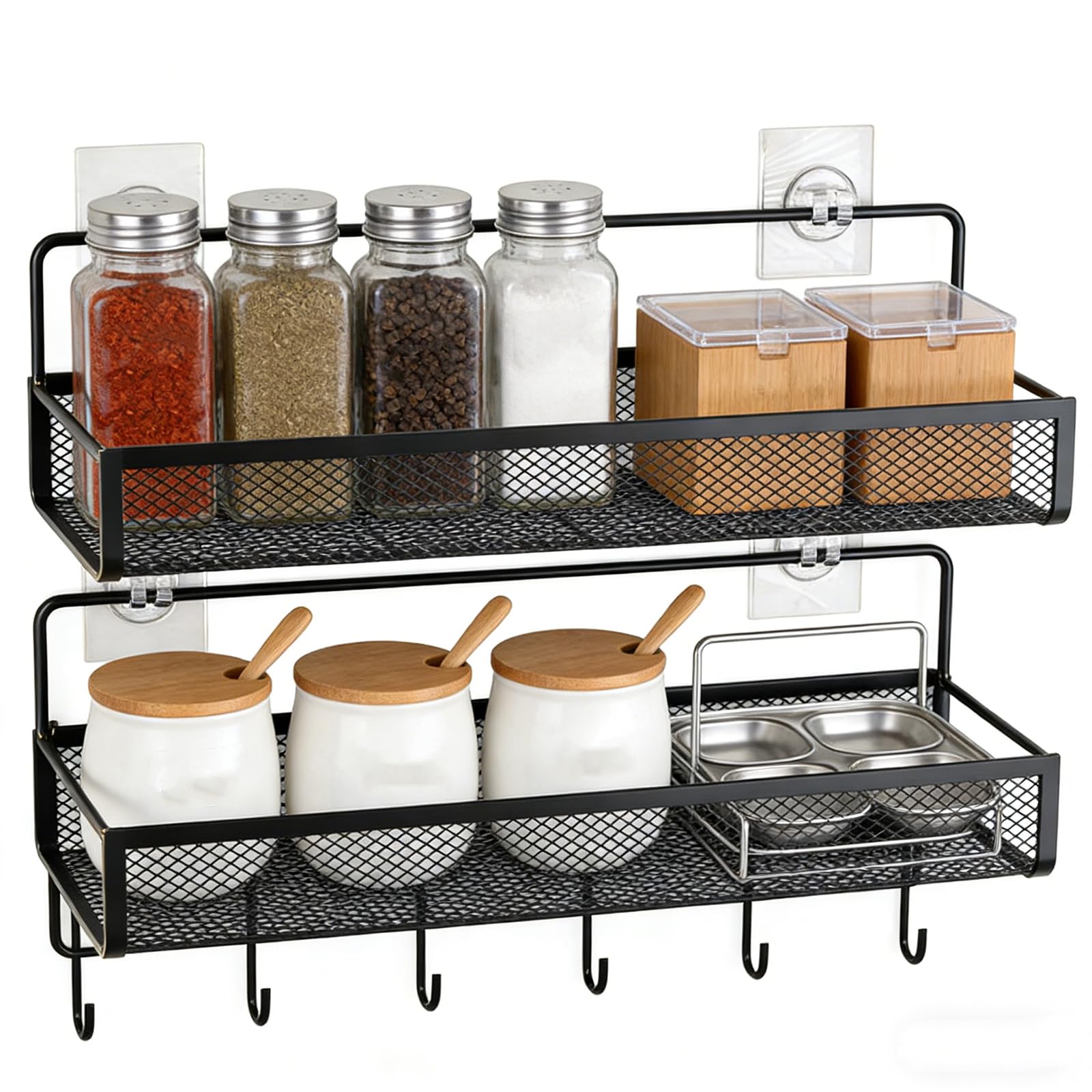 Punorric 2-Piece Wall Mounted Spice Rack - Metal Hanging Storage Baskets with Hooks, No-Drill Spices Organiser & Seasoning Organizer, Kitchen Storage Wall Basket for Kitchen/Bathroom/Office