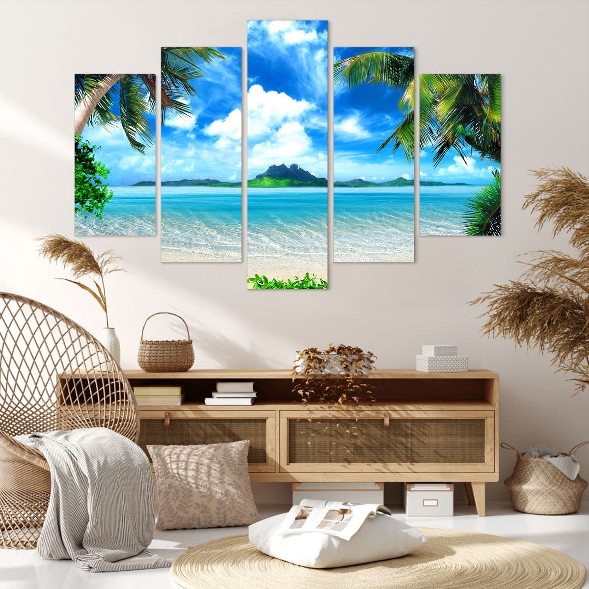 Lienzos decorativos 150x100cm Cuadro Sobre Lienzo Moderno Playa vacaciones isla palma Grande XXL Dormitorio Cuadros Pared Tríptico 5 Piezas Cuadros Decoracion Salon Wall Art Prints EA150x100-2528
