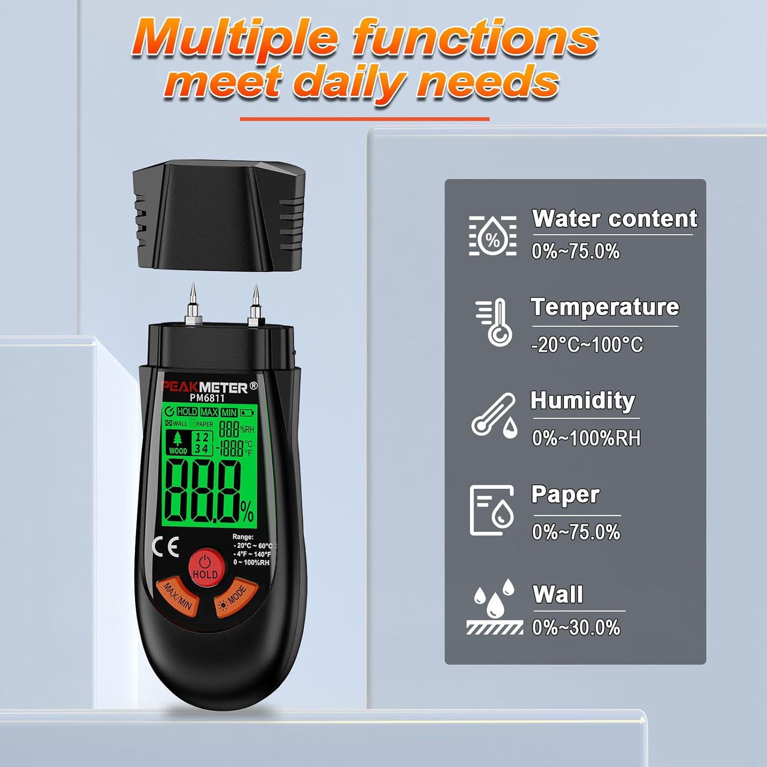 Close-up of the moisture meter's pins inserted into a piece of wood, showing a digital reading.