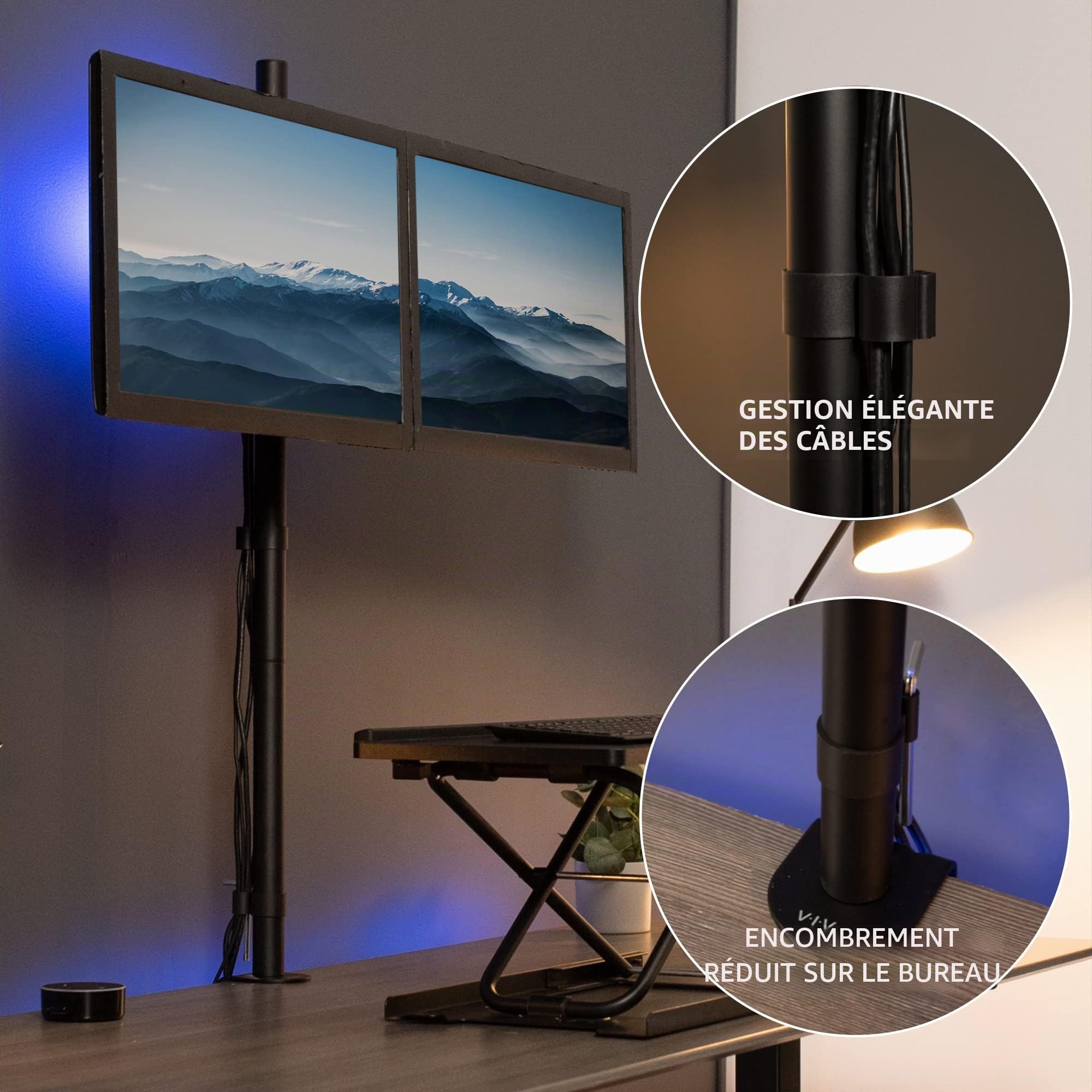Vivo STAND-V012 Support de Bureau pour Double écran Extra Haut de 99,1 cm, entièrement réglable pour écrans jusqu'à 27", Noir