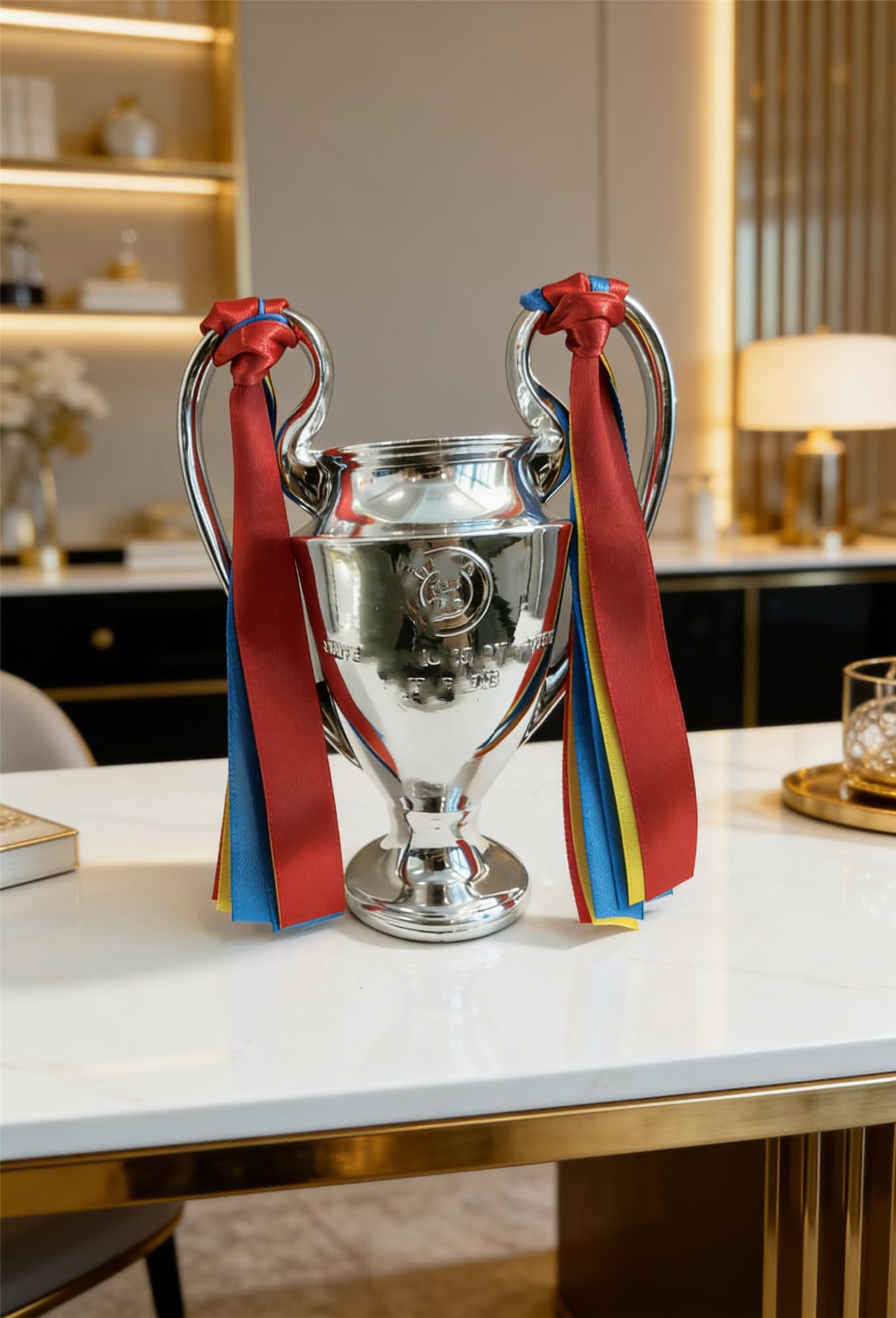 Réplica de trofeo de la Liga de Campeones, plata, 3 16 cm, 32 cm, 44 cm, con cintas rojas, amarillas y azules, regalo coleccionable