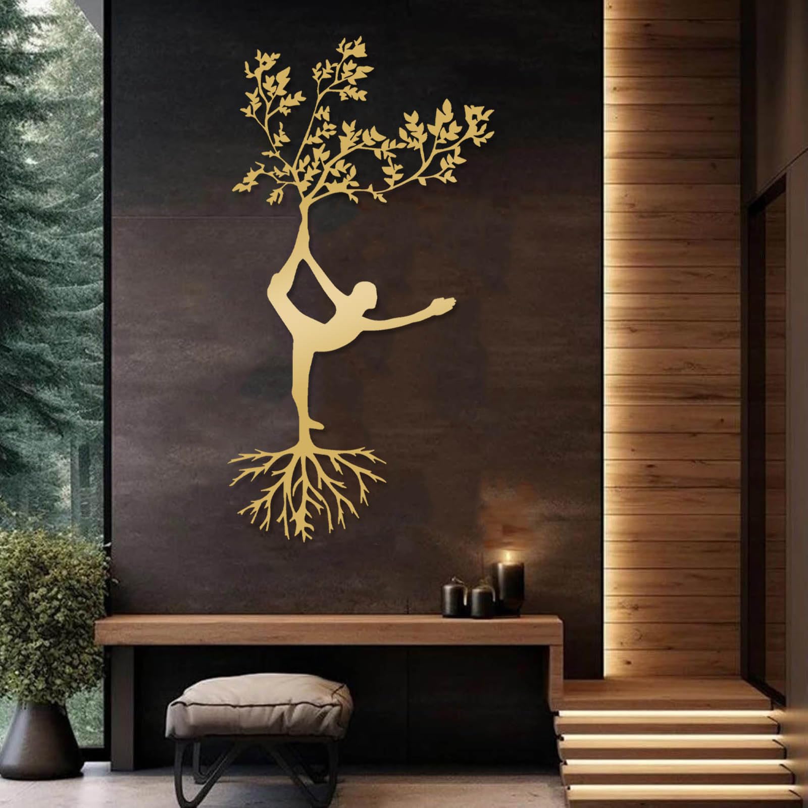 Decorazione murale Moderna e Minimalista in Metallo con Albero della Vita e Yoga, insegna, casa Spirituale, Meditazione, da Appendere in Camera da Letto (Oro, 76x40 cm)