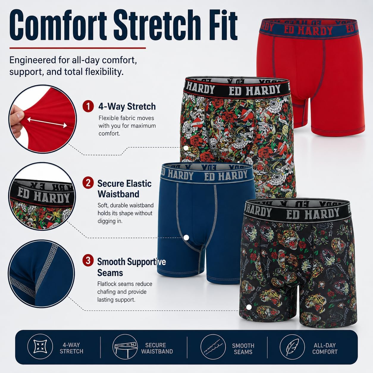 ED HARDY Boys Boxer Briefs Multipack Performance Underwear, Breathable Stretch Fabric, Tattoo Skull Graphic Designs