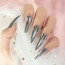 1Box Coffin Press on Nail Decoraction Kit, includes 1 set Silver Metallic Extra Long Fake Nails Tips, Mini File, Nail Sticker, wooden stick