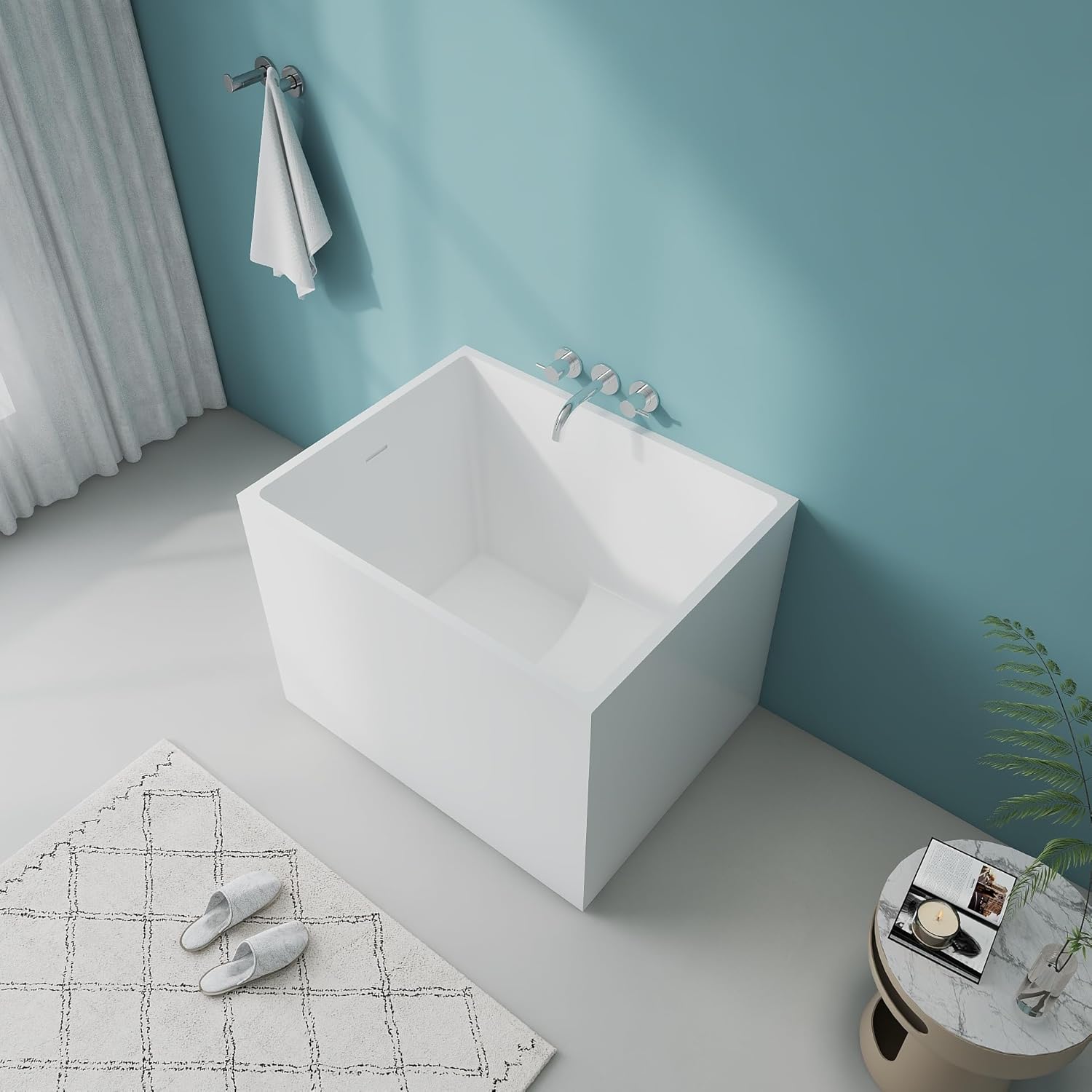 35.4" Premium Modern Gloss White Free Standing Tub, Unique Stand Alone Soaking Small Tub with Overflow and CUPC Drain