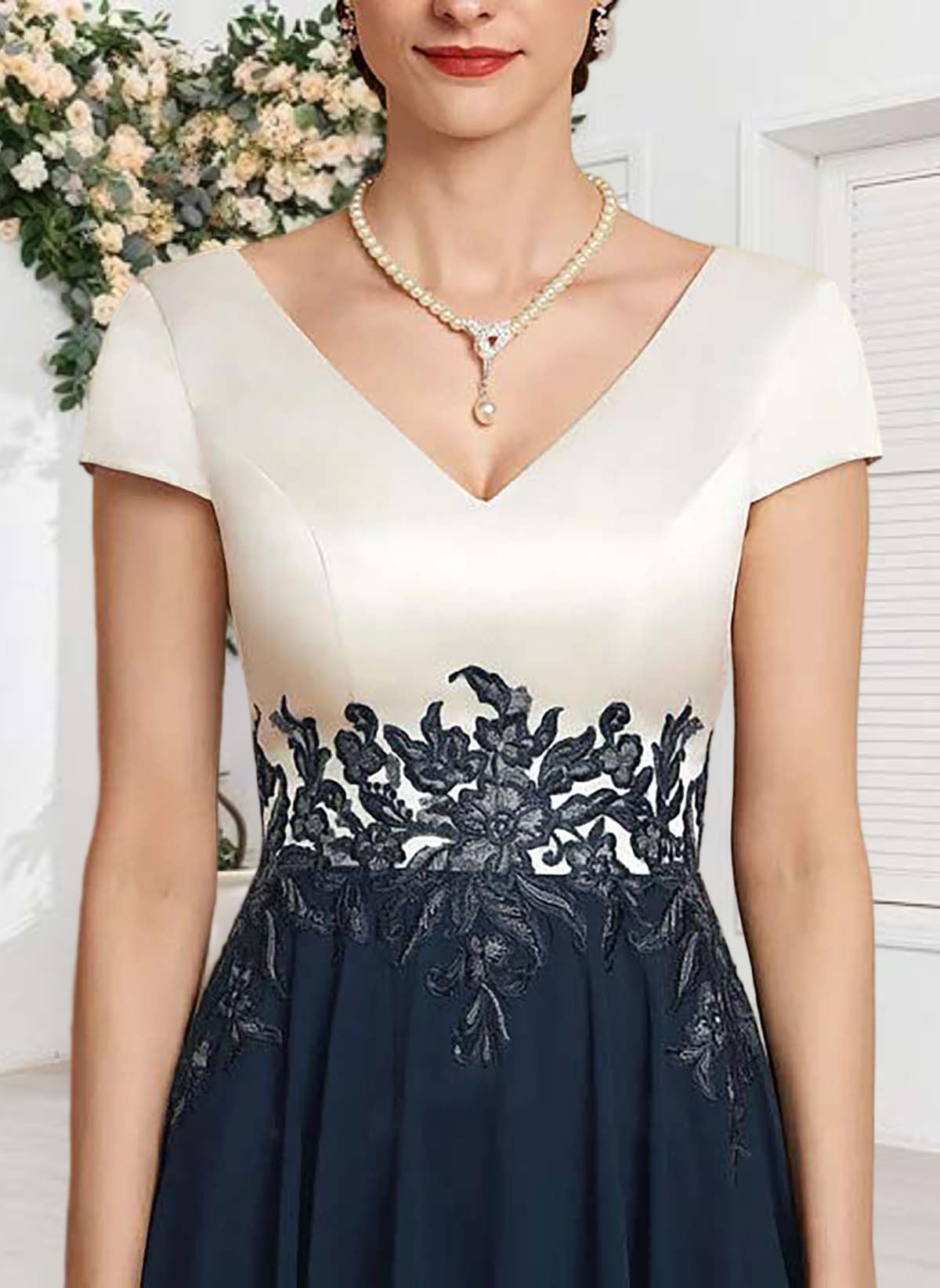 HUINI Damen Brautmutterkleider für Hochzeit Tee Länge V-Ausschnitt Chiffon Applikationen Spitze Hochzeitsgastenkleid formelles Abendkleid Elegant Für Hochzeit