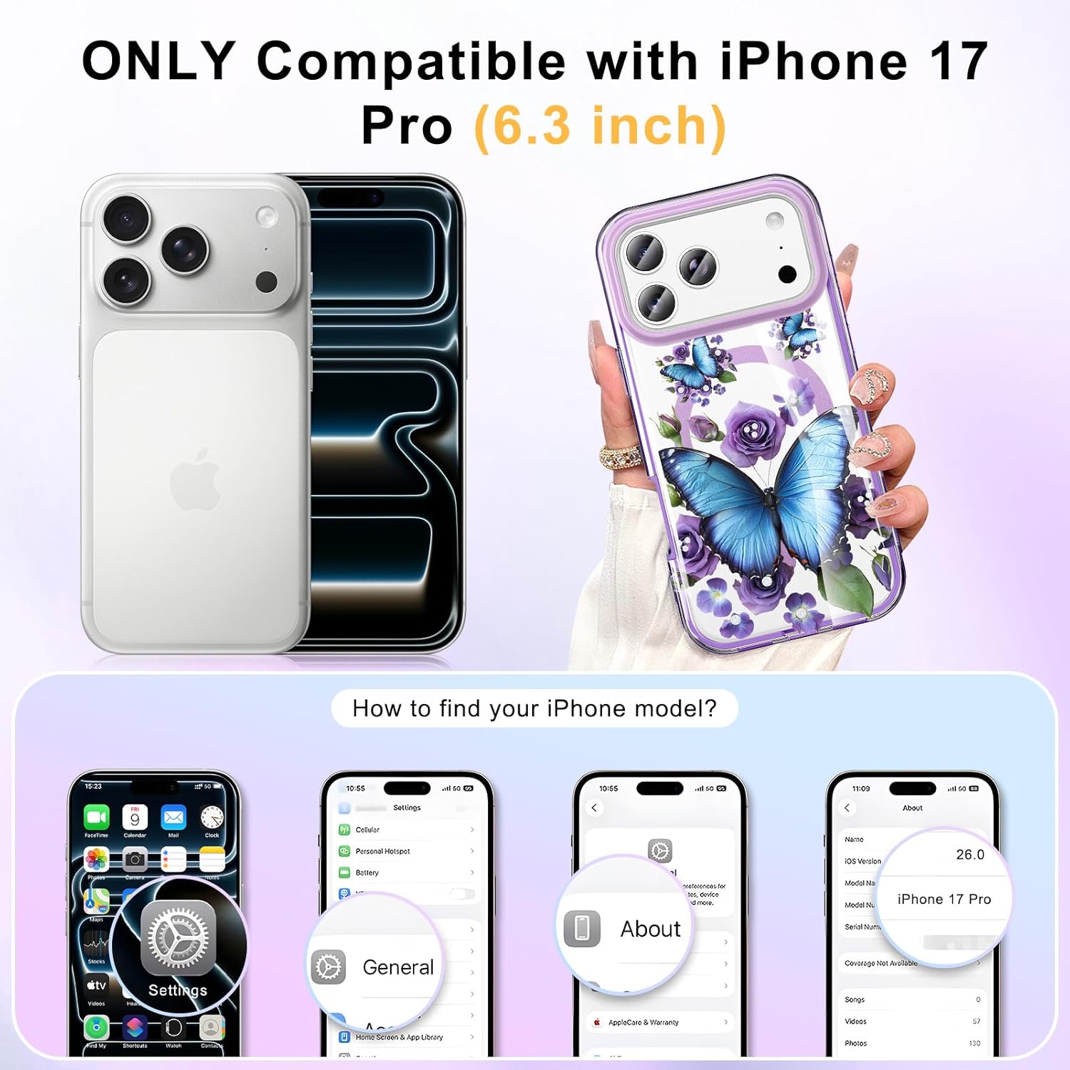 STERKER Designed for iPhone 17 Pro Case 6.3" [Compatible with Magnetic] [Built-in Screen Protector] Full Body Rugged Drop Proof 17 Pro Cover - Butterfly Whisper in Violet Bloom