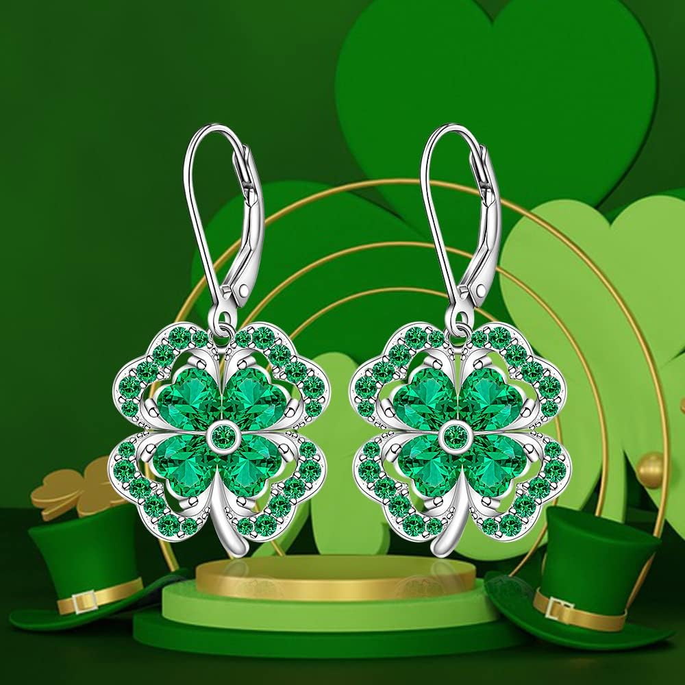 Shamrock Earrings St Patrick’s Day Earrings Four Leaf Clover for Women Sterling Silver Lucky Dangle Drop Green Clover Irish Celtic - Image 5