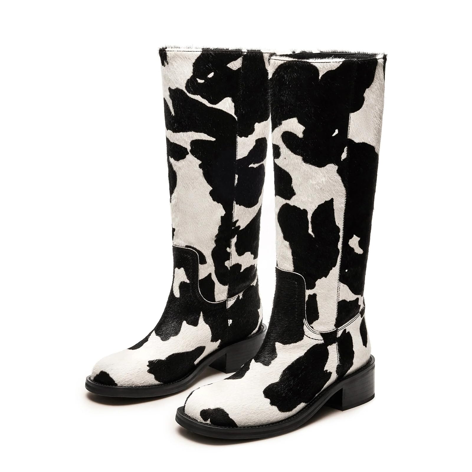 Cow Print Womens Knee High Boots Chunky Block Low Heeled Boots Square Toe Fashion Riding Boots
