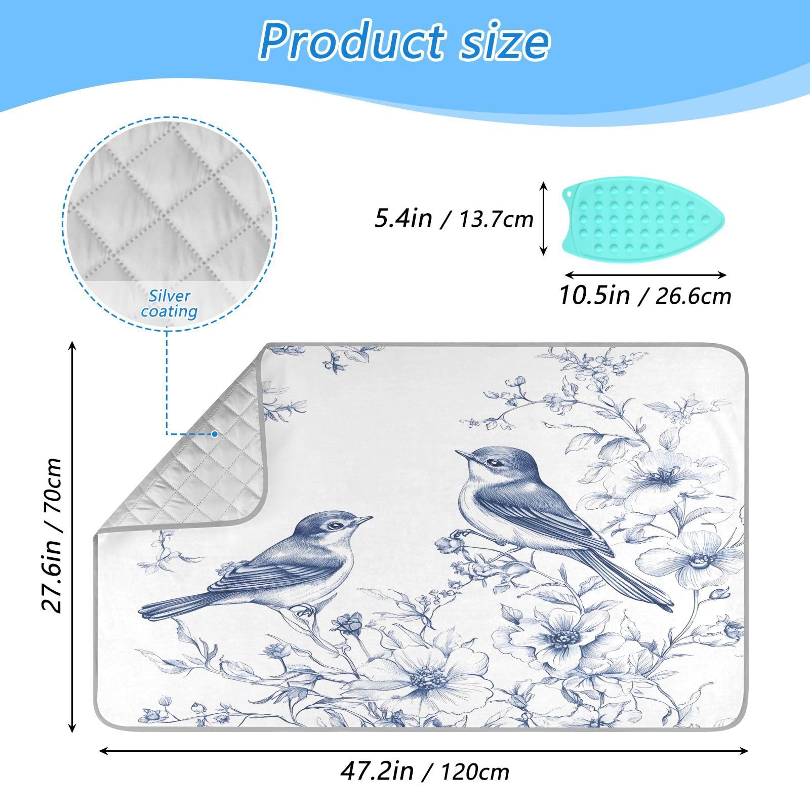 pnyoin Portable Ironing Mat Elegant French Birds Travel Ironing Pad with Silicone Iron Rest for Steam Pressing on Tabletop or Bed Heat Resistant Portable Quilting & Travel Blanket