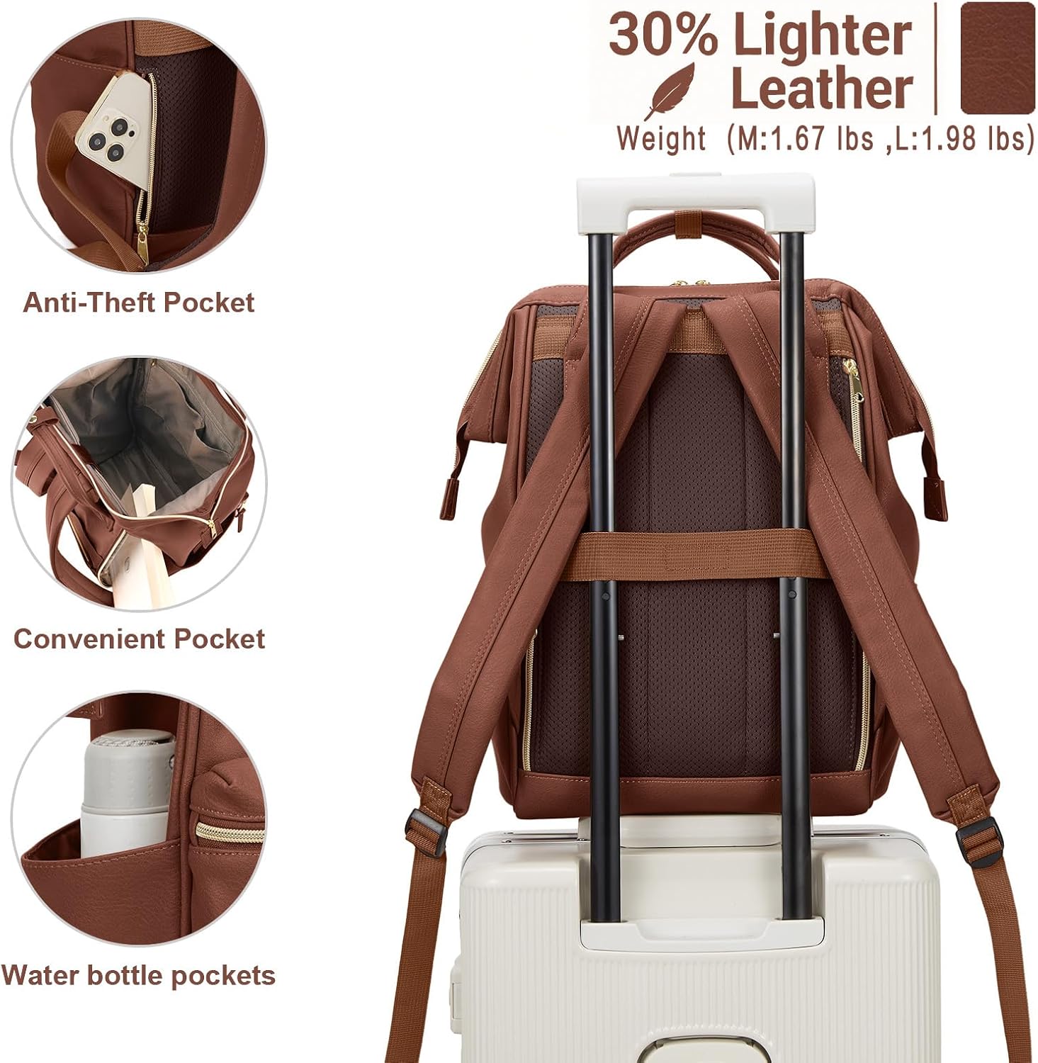 Kah&Kee Leather Laptop Backpack for Women, 14-15 Inch Professional Work Bag, Water-Resistant Vegan Leather Doctor Bag Backpack for Teacher, Nurse & Travel, Fits MacBook Air 15 (Brown,Medium) - Image 2
