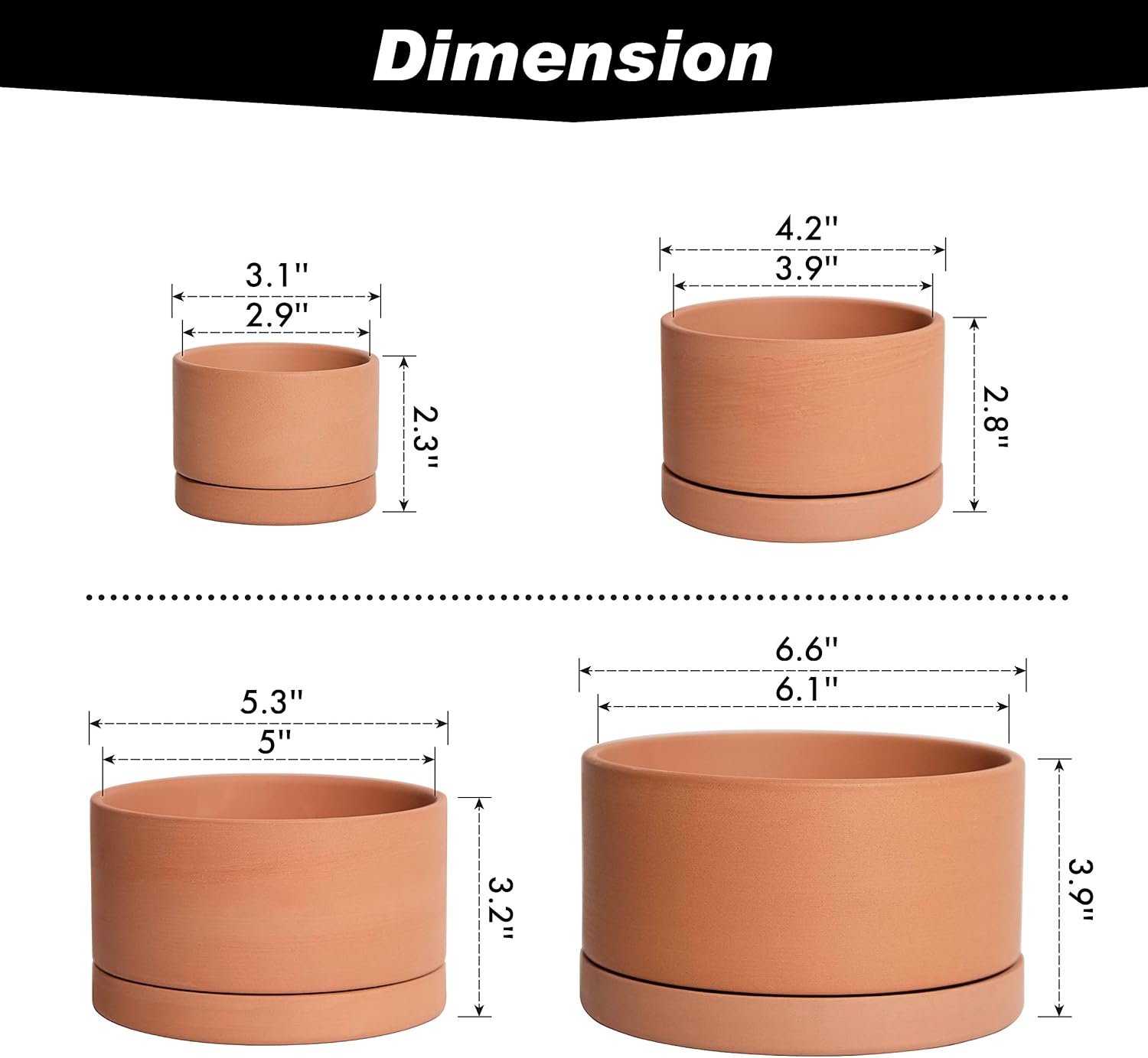 D'vine Dev Set of 4 Terracotta Shallow Planter Pots for Succulent, 3 Inch 4 Inch 5 Inch 6 Inch, Small Flower Plant Pots with Drainage and Saucer, 40-Z-0