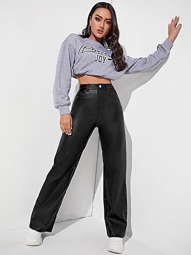 Miniatura 5 de Verdusa Leggings de cuero de cintura alta para mujer, pantalones rectos de PU de pierna ancha con bolsillo