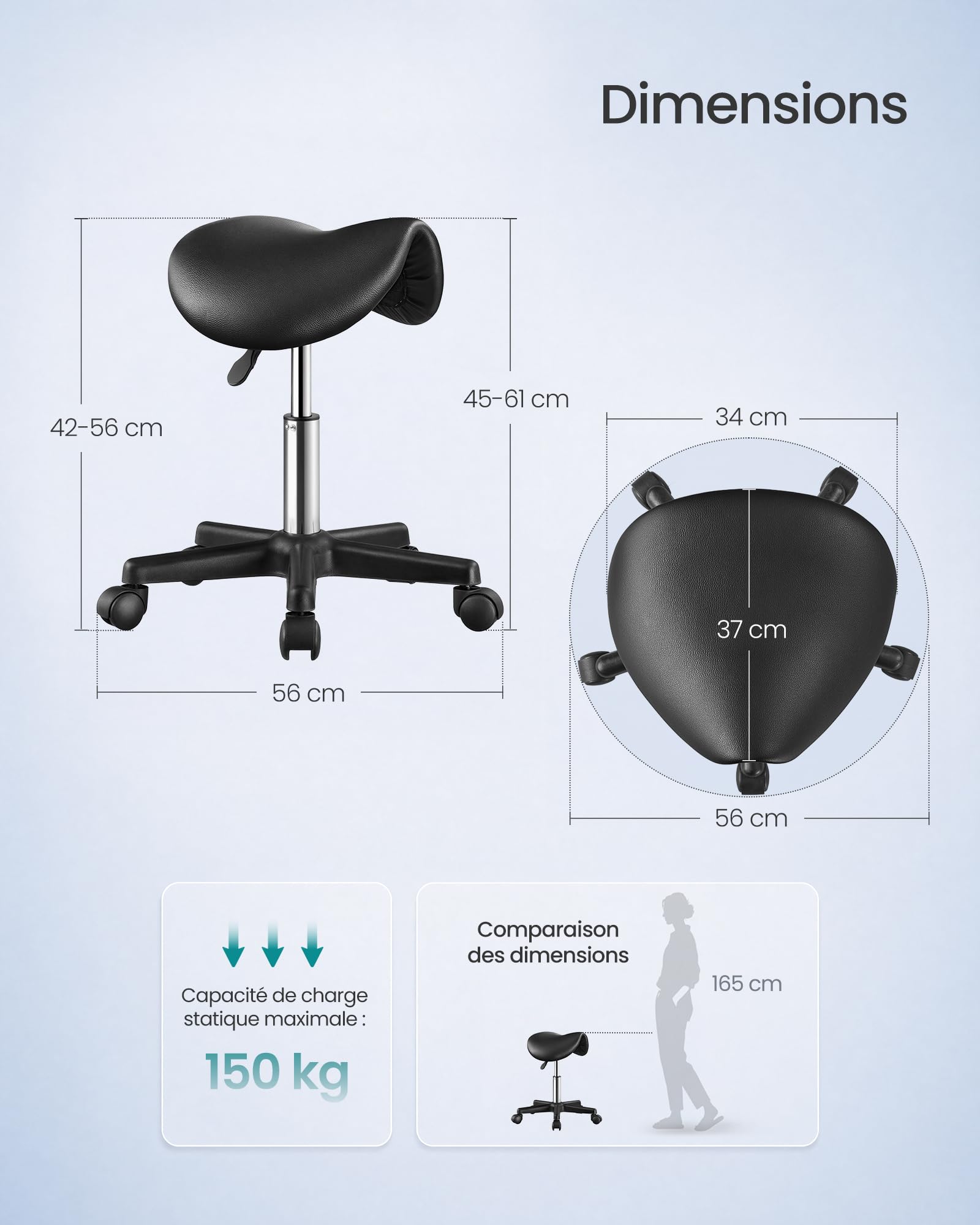 SONGMICS Tabouret Selle, Tabouret à roulettes Ergonomique en Cuir PU, Réglable en Hauteur, Pivotant à 360°, 56 x 56 x 45-61 cm, Noir, pour Bureau, Salon, Collection Activo OSC014B101