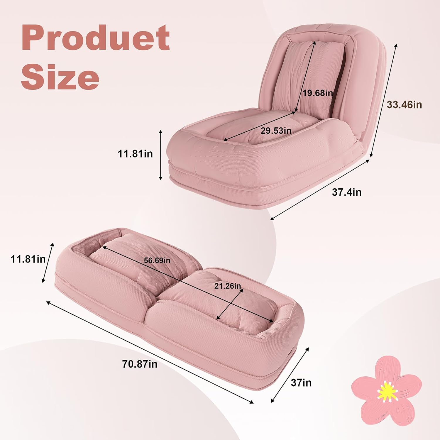 Human Dog Bed with Adjustable Backrest, Corduroy Giant Dog Bed for Adults and Pets, Large Lazy Floor Chair with 2 Soft Pillows, Comfy Tatami Lounge Chair for Living Room, Reading Room, Bedroom (Pink)