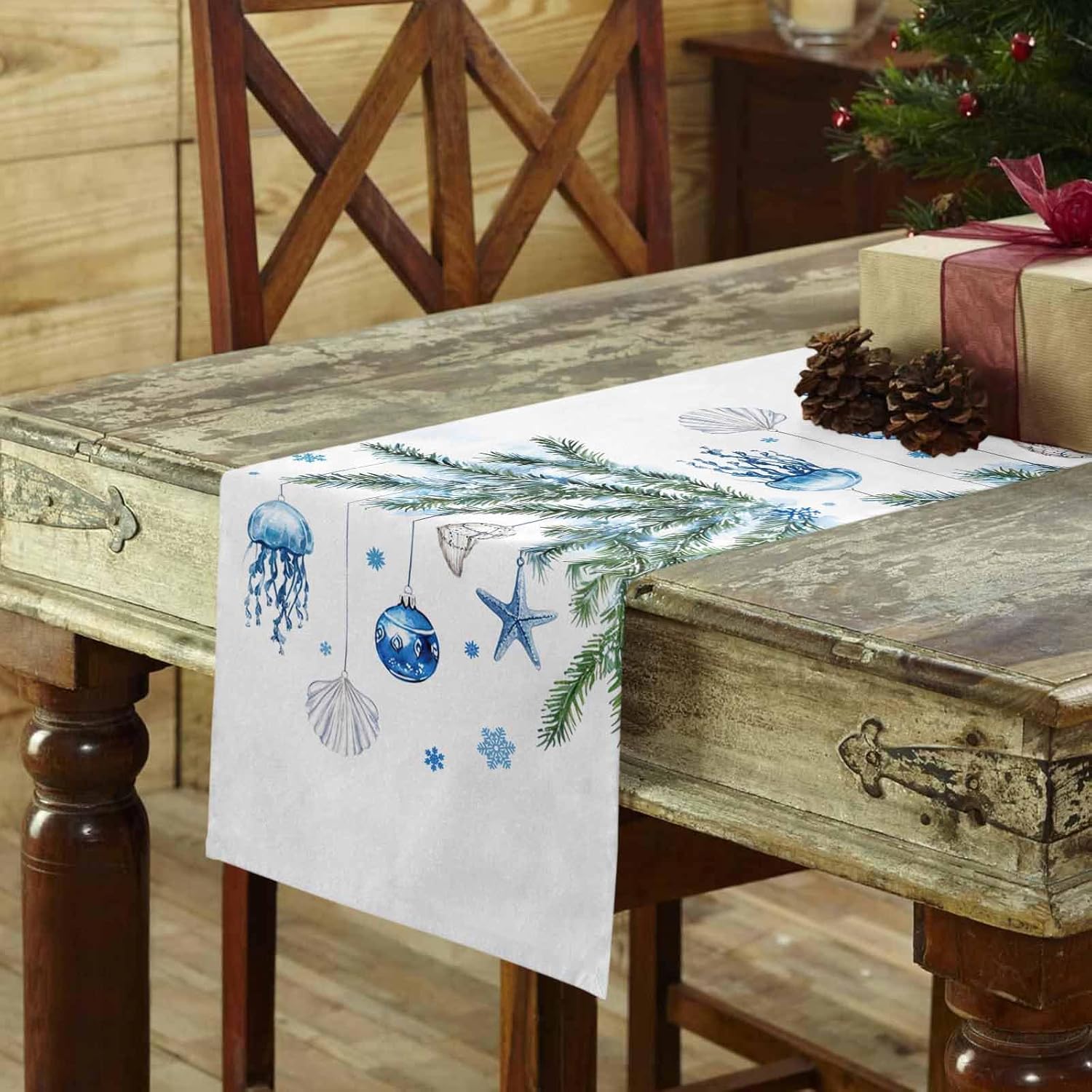 Blue Coastal Christmas Table Runner - 72 Inch Long Xmas Botanical Starfish Cotton and Linen Blended Dress Scarves Farmhouse Table Runner for Kitchen Dining, Coffee Table, 18" x 72"