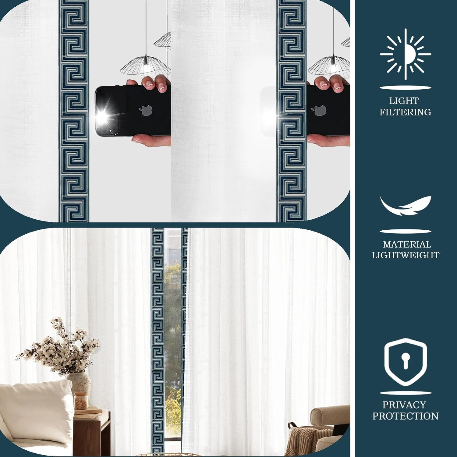 105 Inch Embroidery Trim Pinch Pleated Linen Curtains, Classic Deep Blue Greek Embroidery Decoration 2 Panels Window Panels with Light Filtering for Living Rooms and Bedrooms.40Wx105L,White G1