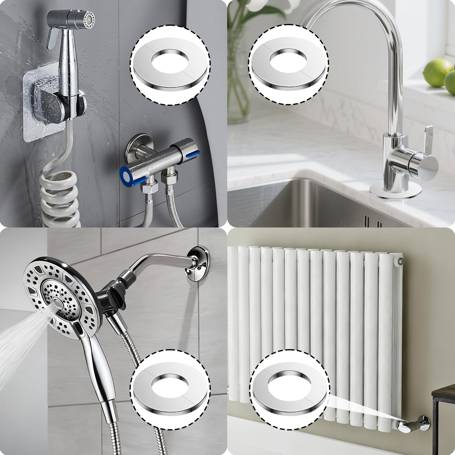 Set di 4 Coperture per Tubo, Flangia a Rosetta Autoadesiva in Acciaio Inossidabile, Coperture Decorative per Fori a Parete (Diametro 28 mm)