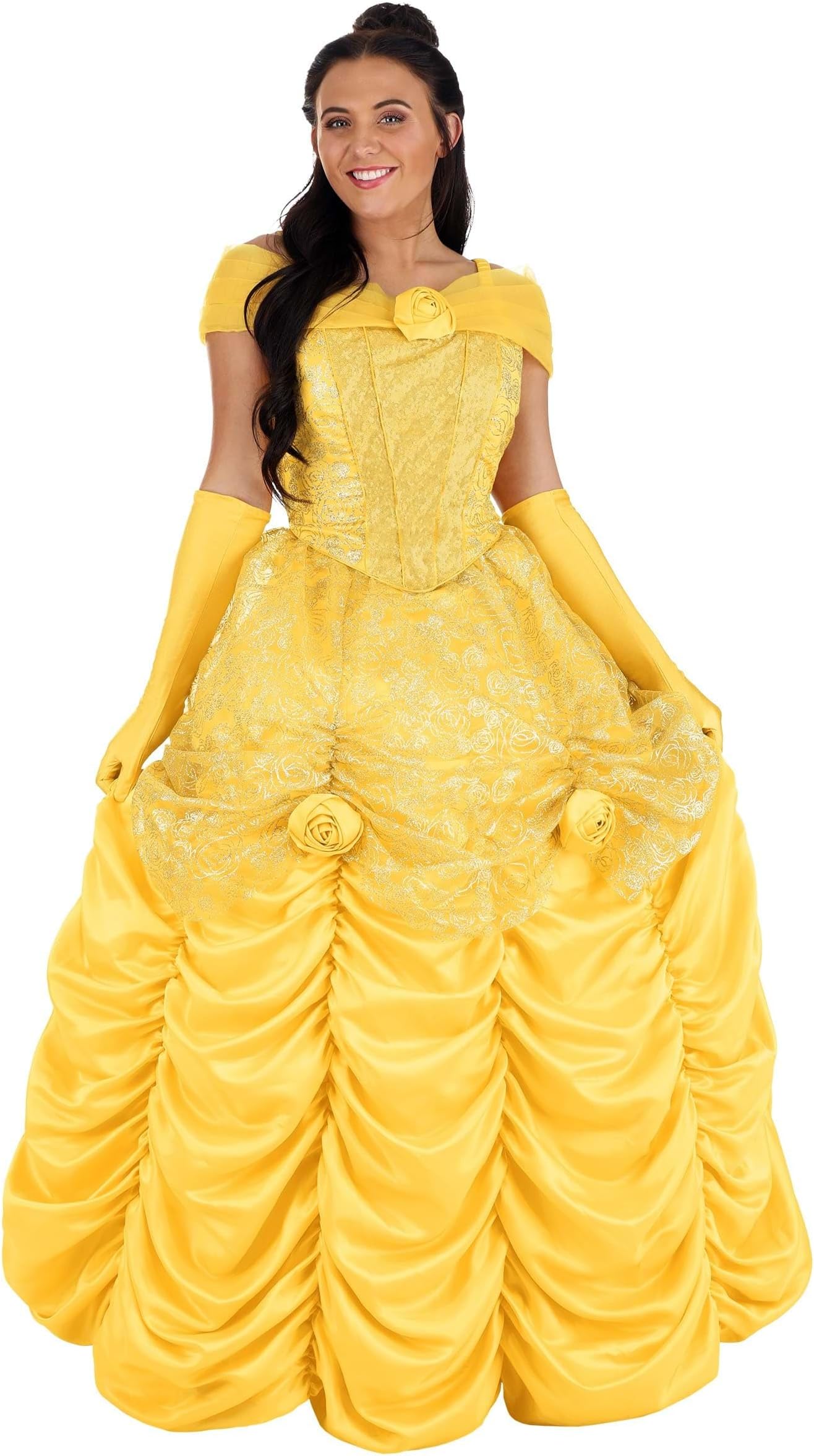 Disney Women's Belle Costume Dress - Beauty and the Beast Premium Yellow Ball Gown with Gloves for Halloween Cosplay