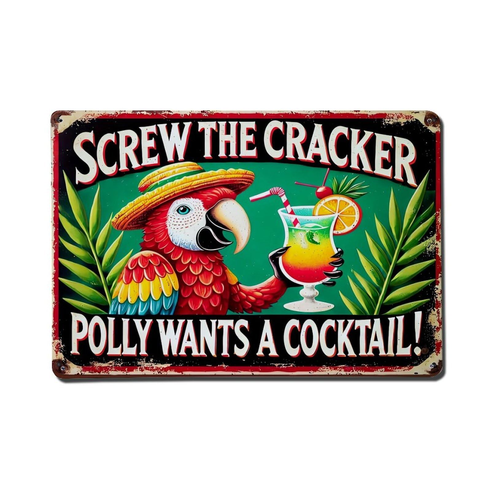 Parrot Cocktail Tropical Palm Hat Vintage Tin Sign Retro Metal Wall Decor Metal Poster, Home Bar Garage Farmhouse Cafe Wall Art Decoration 8x12Inches