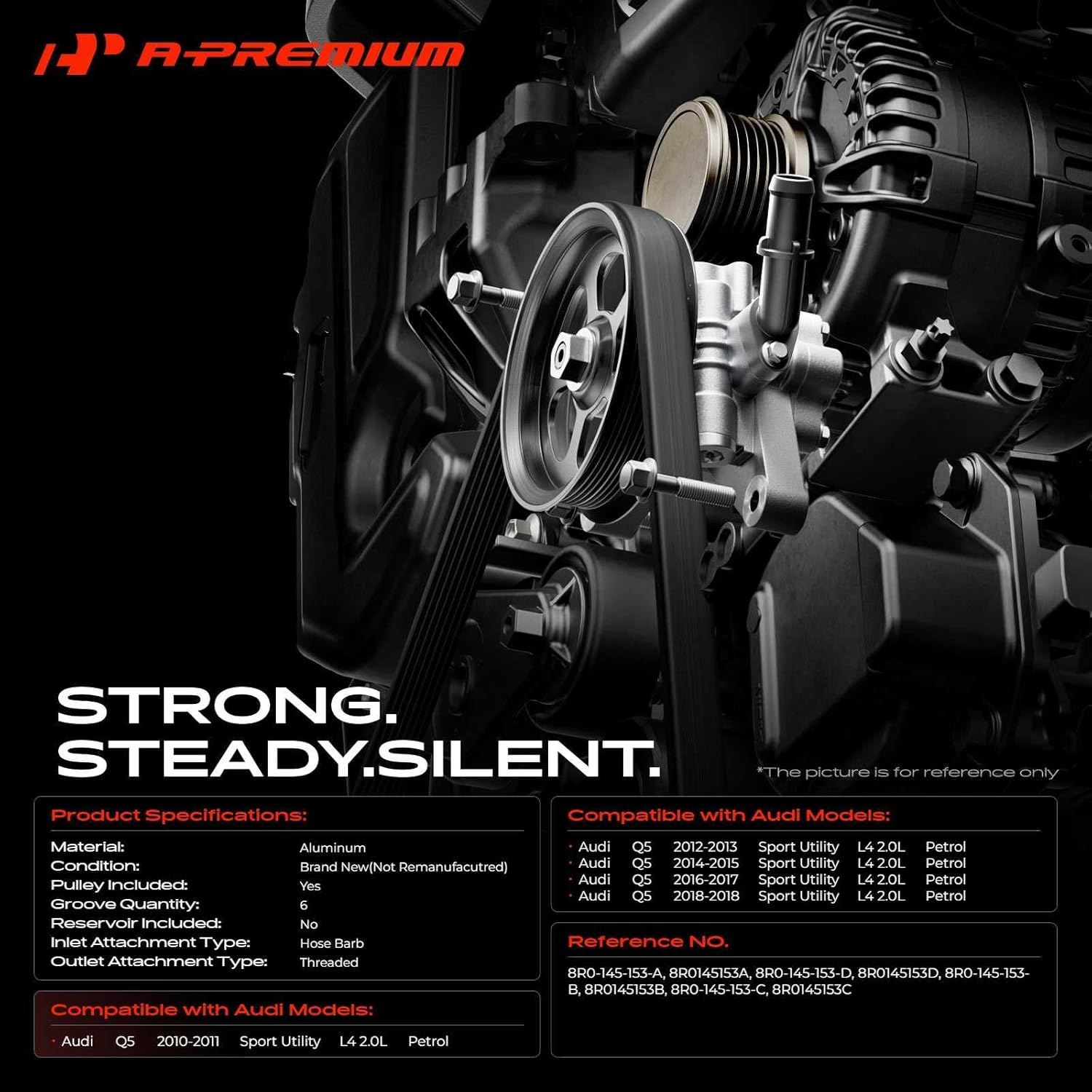 A-Premium Power Steering Pump, with Pulley, Compatible with Audi Q5 2010 2011 2012 2013 2014 2015 2016 2017 2018, L4 2.0L, Replace # 8R0-145-153-A, 8R0-145-153-D