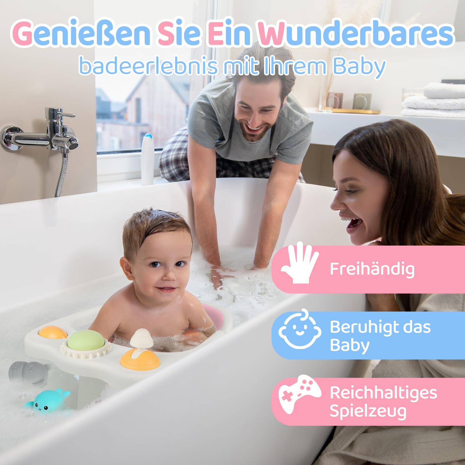 Aragallant Baby Badesitz ab 6 Monate, Badewannensitz mit 4-starken Saugnäpfen, Rutschfester Badesitz Baby mit Spielzeug, Sicherer Badstuhl für Kleinkinder (Rosa)
