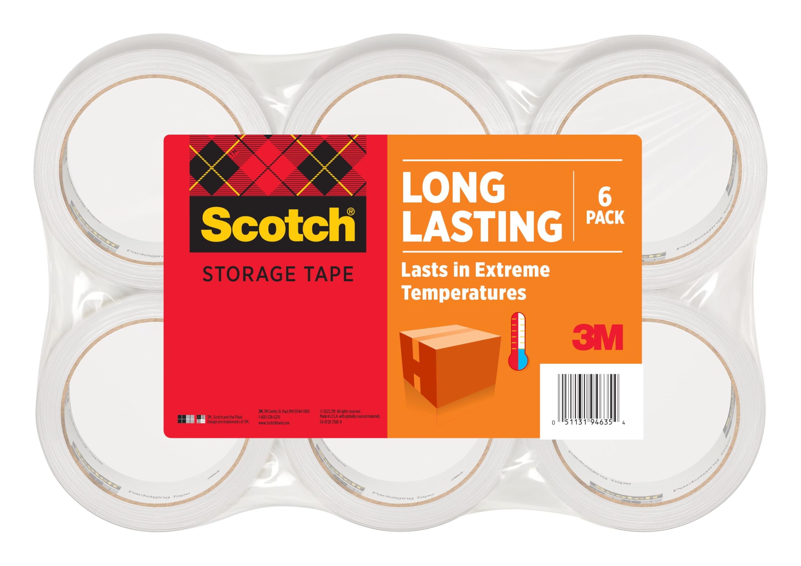 Scotch Long Lasting Storage Packing Tape Rolls, Clear, Storage Tape Withstands Extreme Temperatures, 1.88 in x 54.6 yd, 6 Refill Rolls
