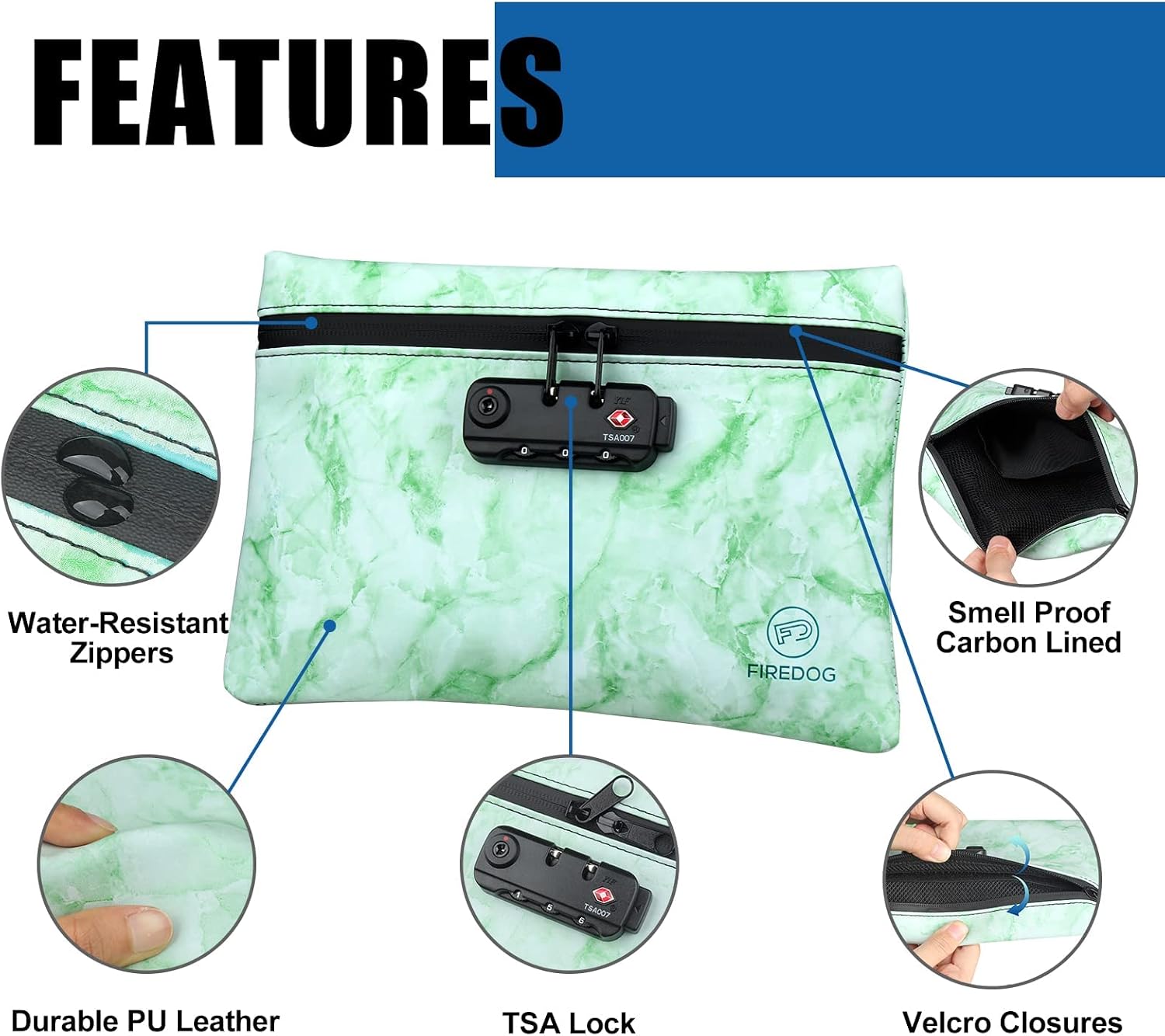 FIREDOG Lock Smell Proof Bags, Carbon Lined 6x9 Odor Proof Pouch Case Container for Travel Stash Storage (Marble Green)