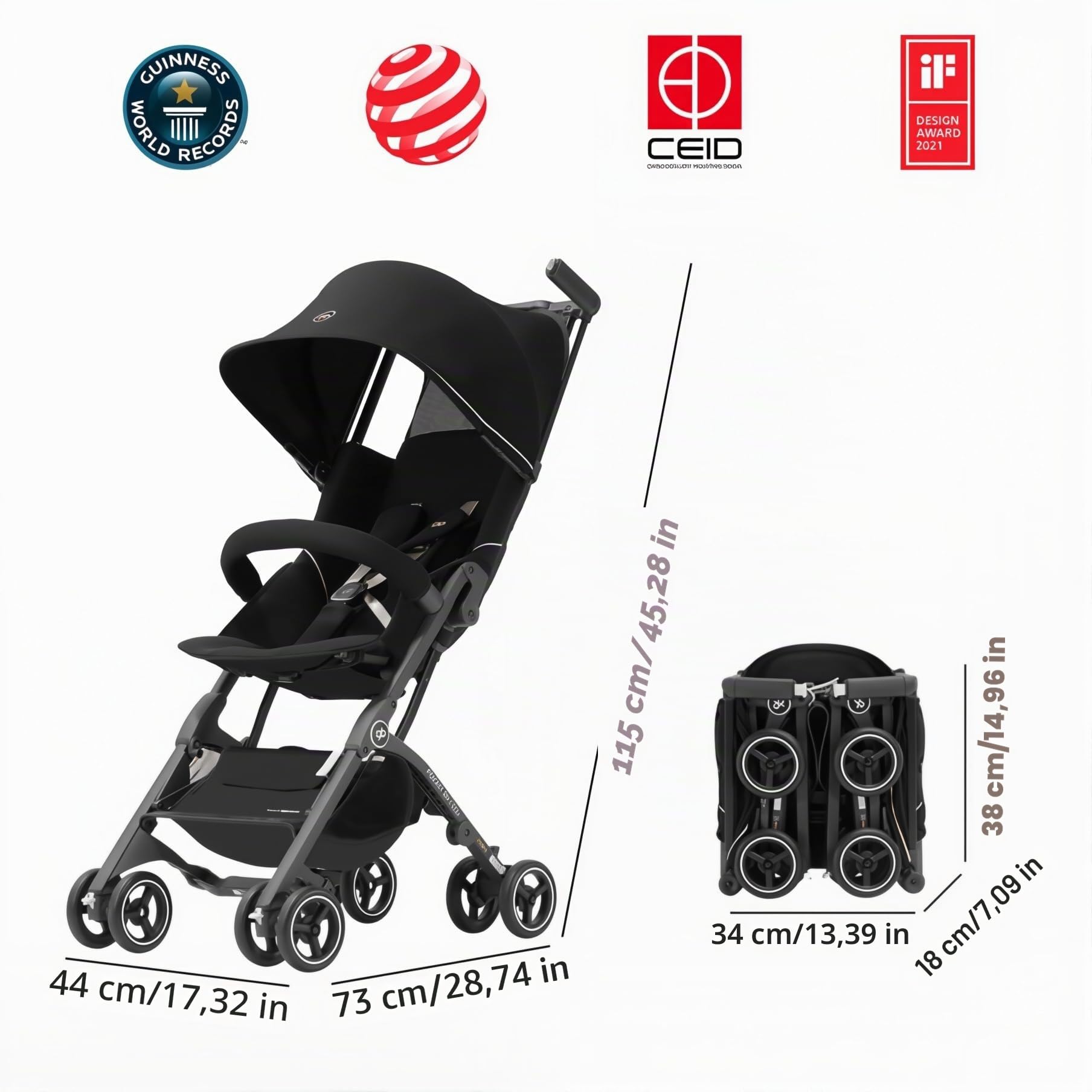 gb Pockit+ - Cochecito de bebé ligero POCKIT 3H todo terreno, 6-36 meses, plegado en un segundo, marco de aleación aeroespacial, asiento ajustable, compacto y fácil de viajar, 5.9 kg, negro y dorado