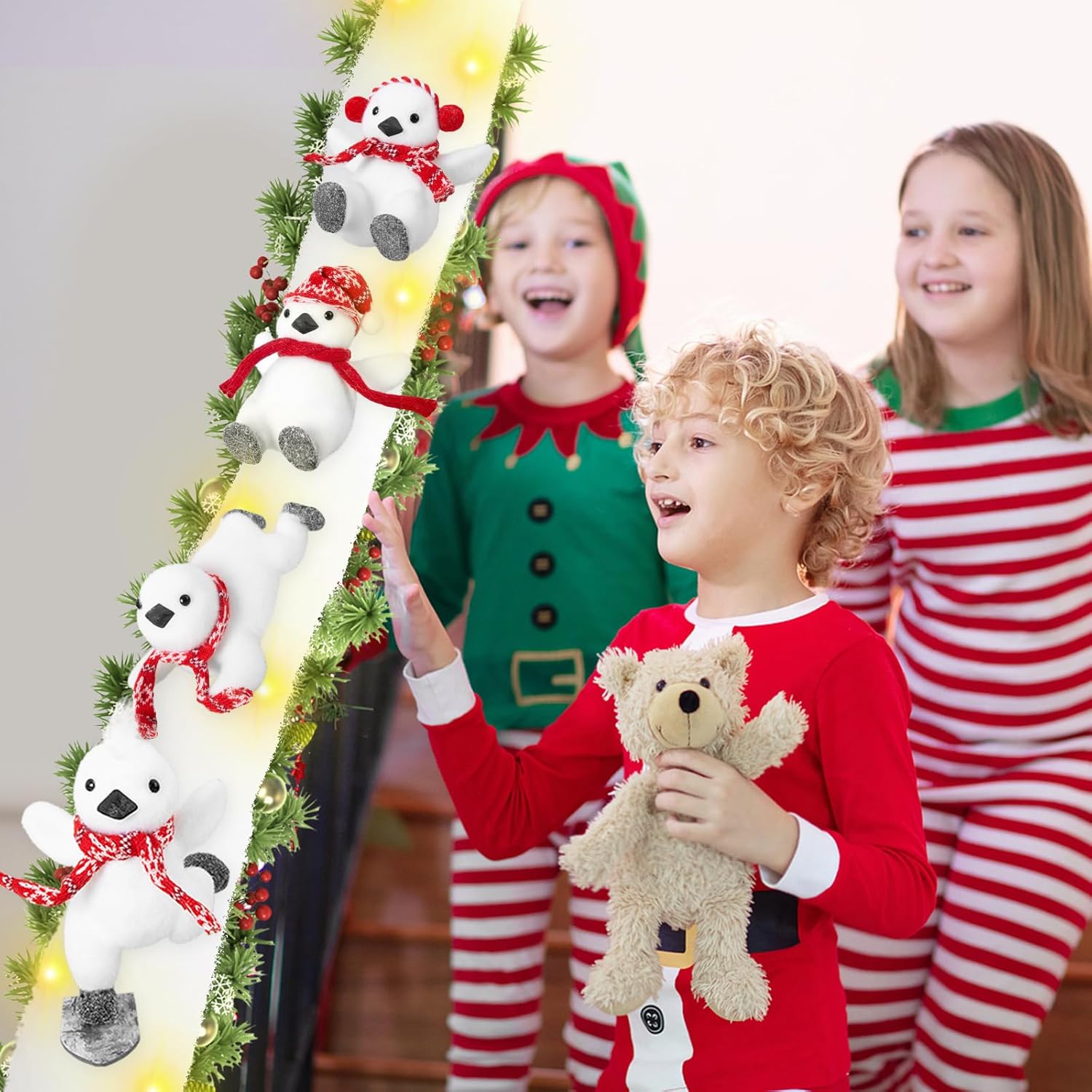 QEQEKAKA Christmas Stairs Decorations Set with 4PCS Skiing Penguin & Artificial Snow & LED Lamp Belt, for Home Interior Staircase Christmas Decorations