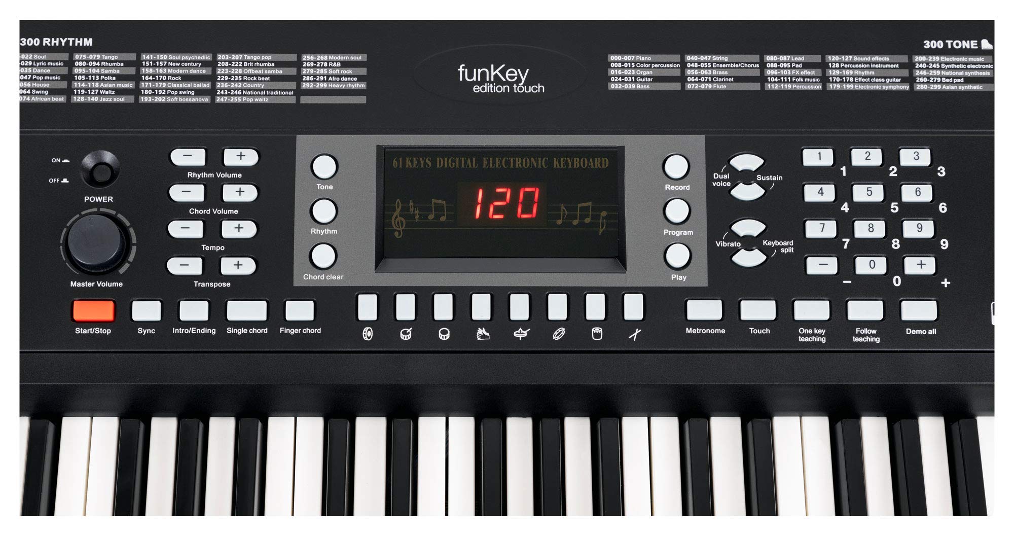 FunKey 61 Edition Touch Negro, Pantalla LC, 300 sonidos, 300 ritmos | 61 teclas estándar con respuesta táctil dinámica, 40 canciones demo, 8 pads de percusión, Función de transposición y split
