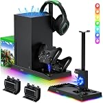 Support de recharge avec ventilateur de refroidissement pour Xbox Series Console X & Contrôleur,Vertical Dual Charger Station Dock Accessoires avec 2x 1400mAh Batterie rechargeable & Couverture, hauteur tête & 10 Fentes de jeu