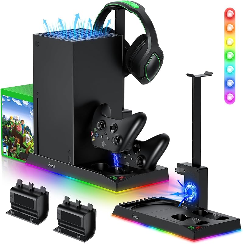 Soporte de carga RGB con ventilador de refrigeración para consola y controlador Xbox Series X | Accesorios del sistema enfriador de estación de carga dual con 15 luces RGB, batería recargable de 2x1400 mAh, soporte para auriculares, ranura para disco de juego