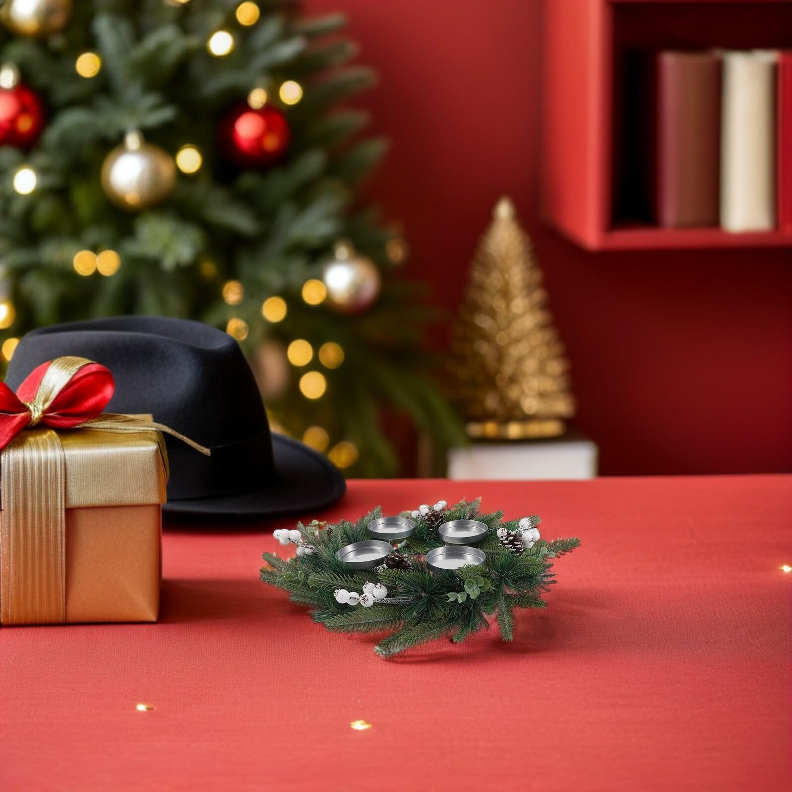 Anillo de Adviento de Navidad Portavelas de Vela de Pino Artificial Cono y Bayas para Chimenea de Centro de Mesa Navideña Decoración de Guirnalda Navideña