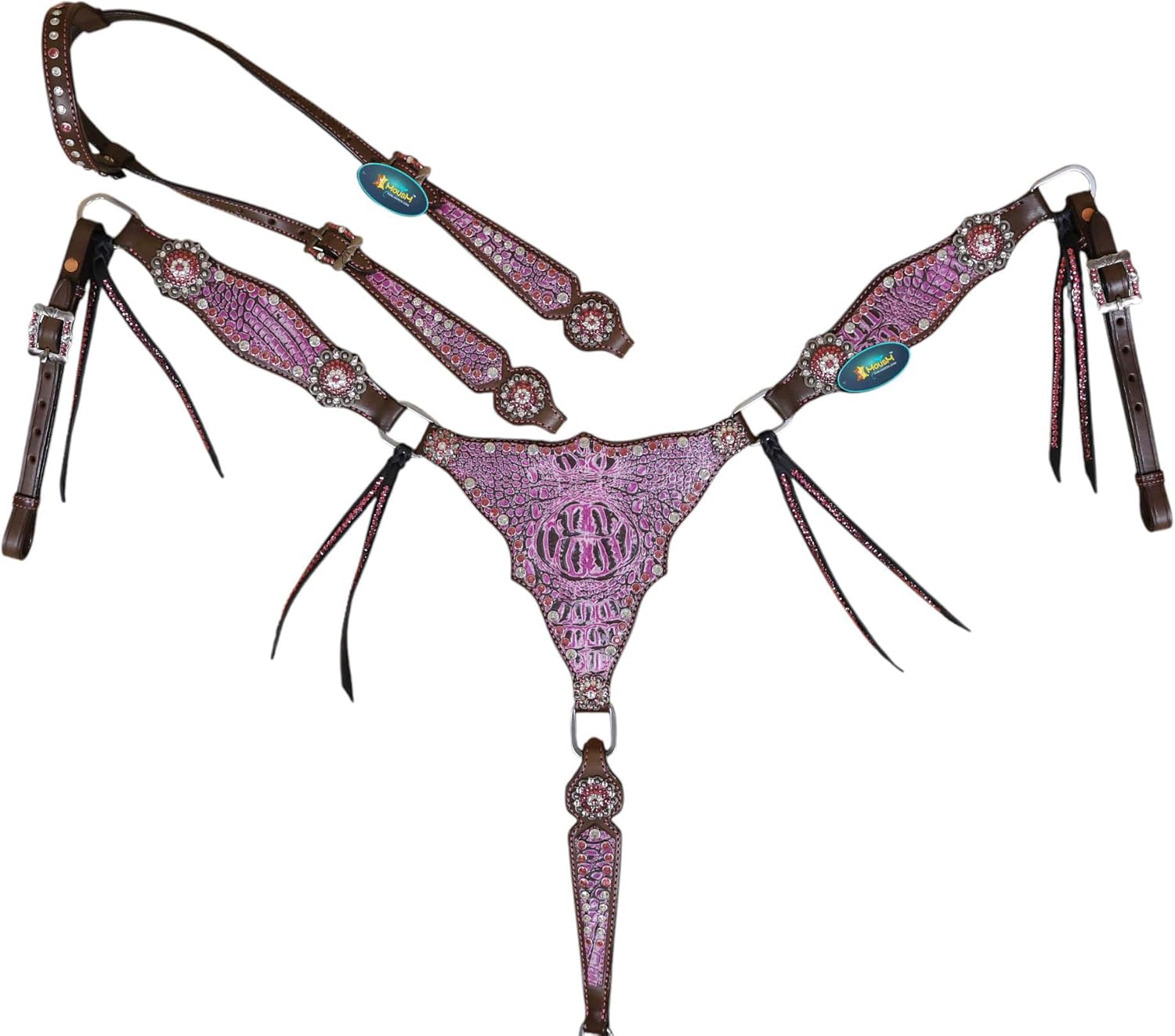 Valentine Headstall and Breast Collar Tack Set – Gladiator Style Breast Collar with Pink Alligator, Pink & White Rhinestone Rivets, Argentina Cow Leather