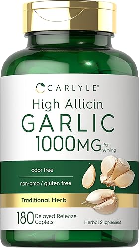 Carlyle Suplemento de ajo de 1000 mg | 180 cápsulas | Pastillas inodoras | Extracto de alto contenido de alicina | Vegetariano, sin OMG y sin gluten