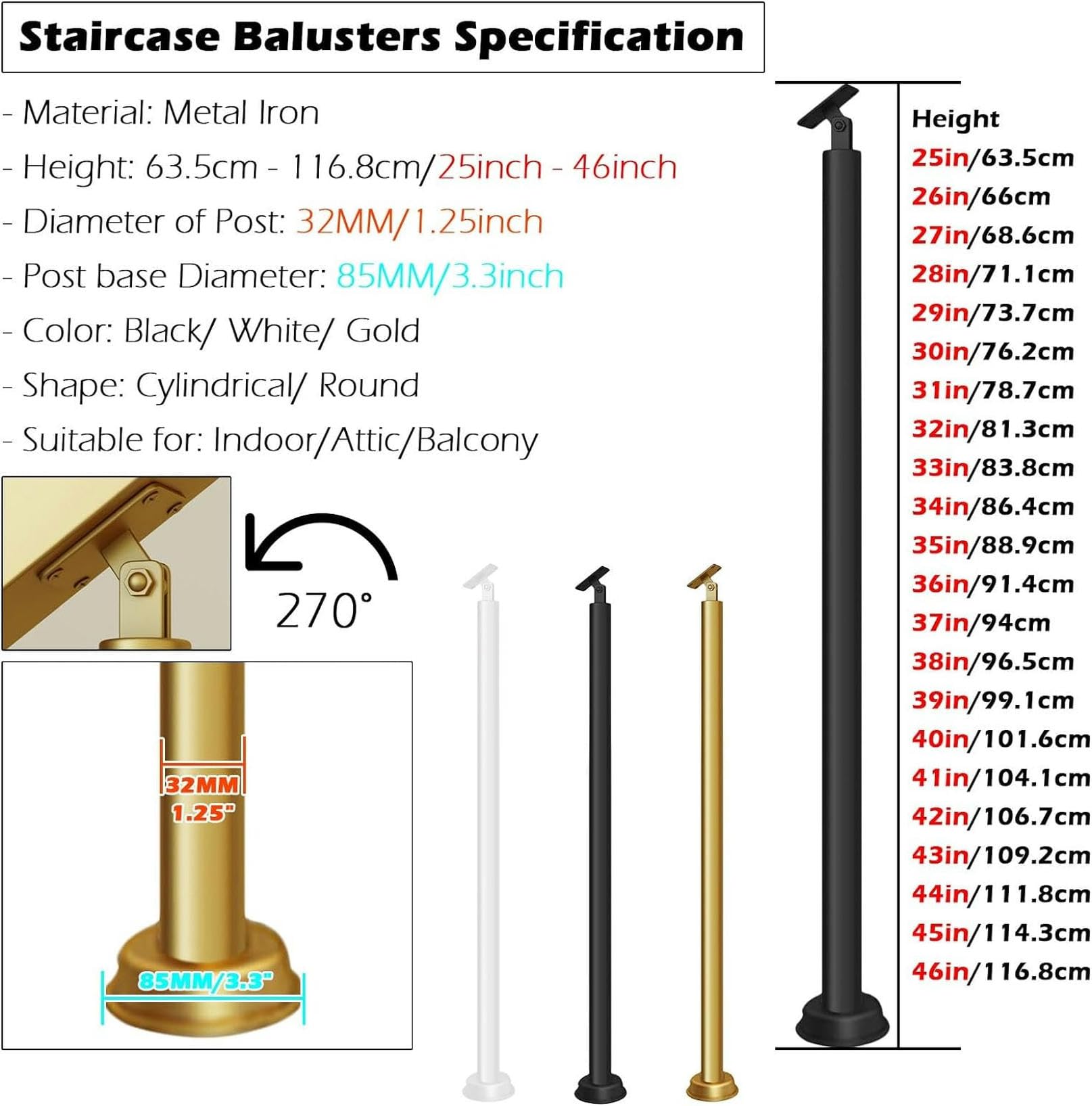 Lot de 2 balustres d'escalier réglables en fer noir – 88,9 cm de haut – Design rond pour maison, loft, balcon et utilisation commerciale