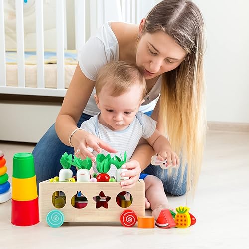 Miniatura 3 de GEMILEO Montessori Juguetes educativos para bebés y niñas de madera multifuncional juguete de huerto clasificación de forma de coche juego de